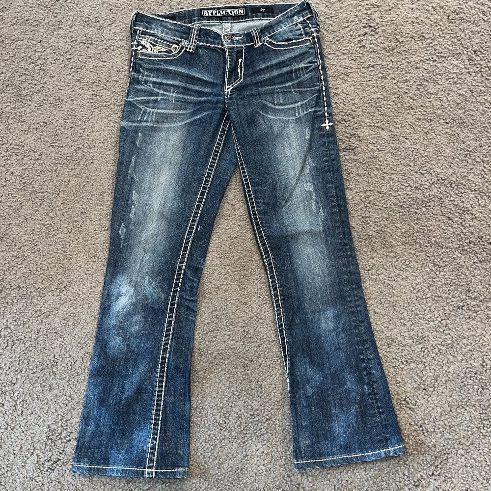 AFFLICTION 73 MMA JADE Top Stitched Denim Distressed Low Rise Flare Jeans EUC 27